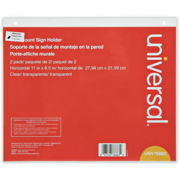 Image of Universal UNV76883 Sign Holder, Rectangular Shape, Wall Mountable, Durable, Top Loading, Pre-drilled, Plastic, Clear, 2 / Pack