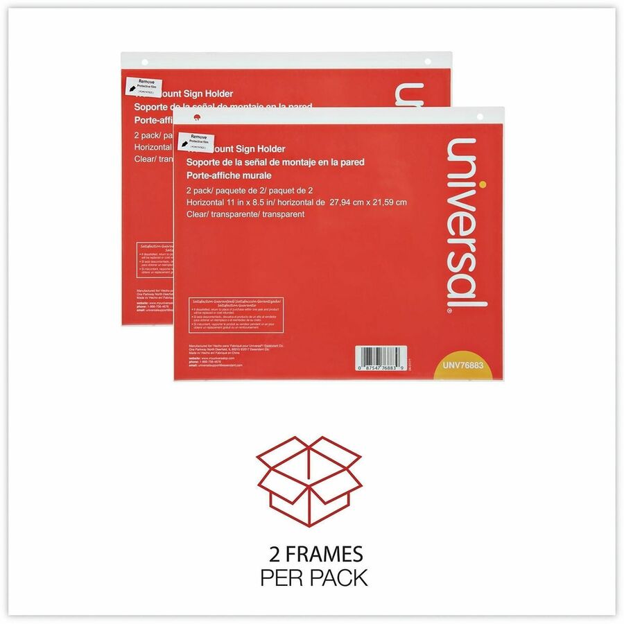 Image of Universal UNV76883 Sign Holder, Rectangular Shape, Wall Mountable, Durable, Top Loading, Pre-drilled, Plastic, Clear, 2 / Pack