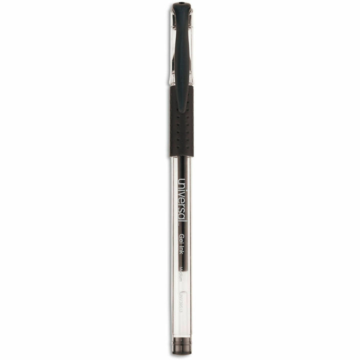 Image of Universal UNV39513 Comfort Grip Gel Pen, 0.7 mm Medium Conical Pen Point, Black Ink, Water Based, Clear, Black Barrel, 60 / Pack