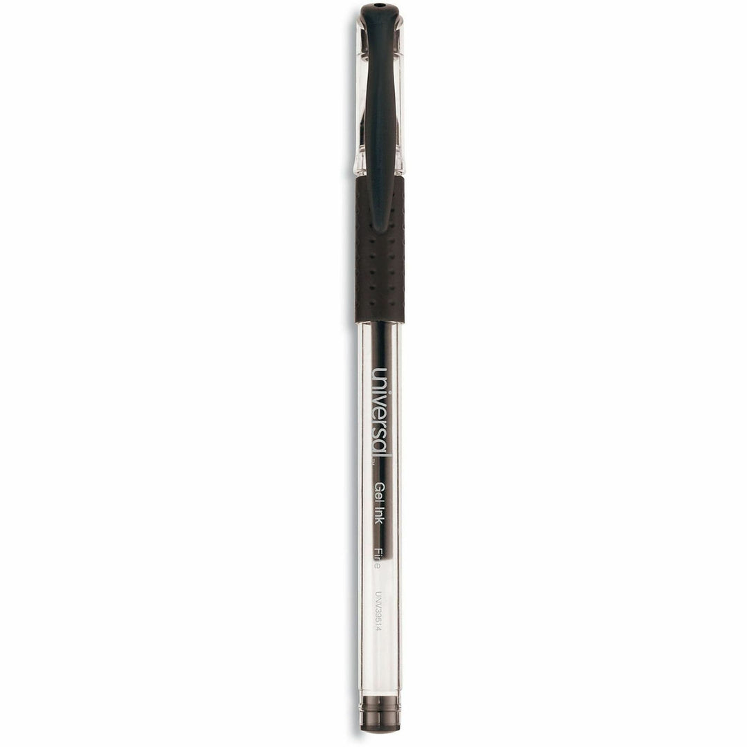 Image of Universal® Comfort Grip Gel Pen, Stick, Fine 0.5 mm, Black Ink, Clear/Black Barrel, Dozen