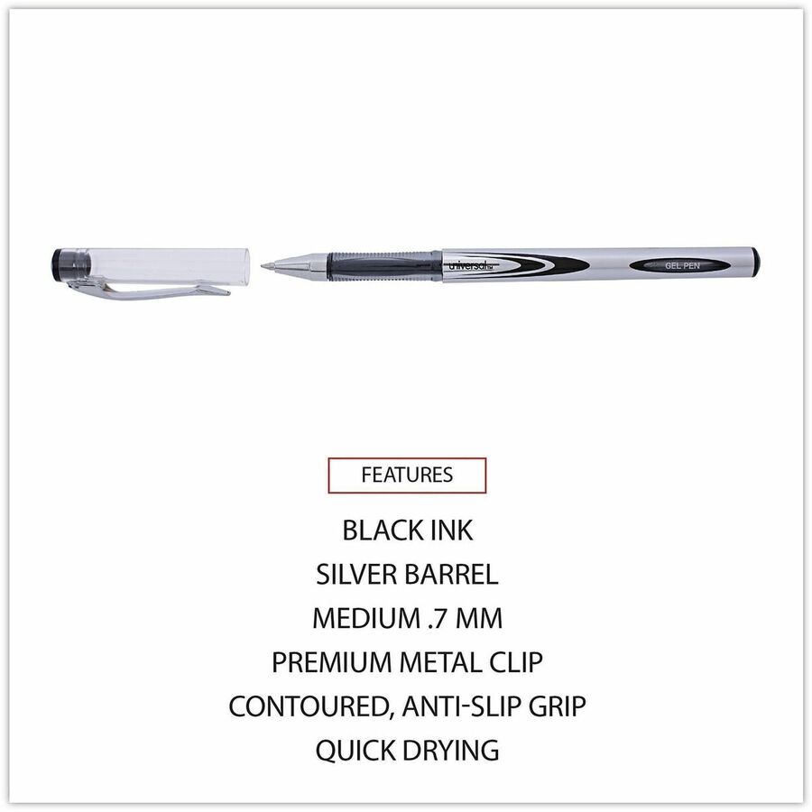 Image of Universal 39620 Gel Pen, Stick, Medium 0.7 mm, Black Ink, Silver/Black Barrel, Dozen