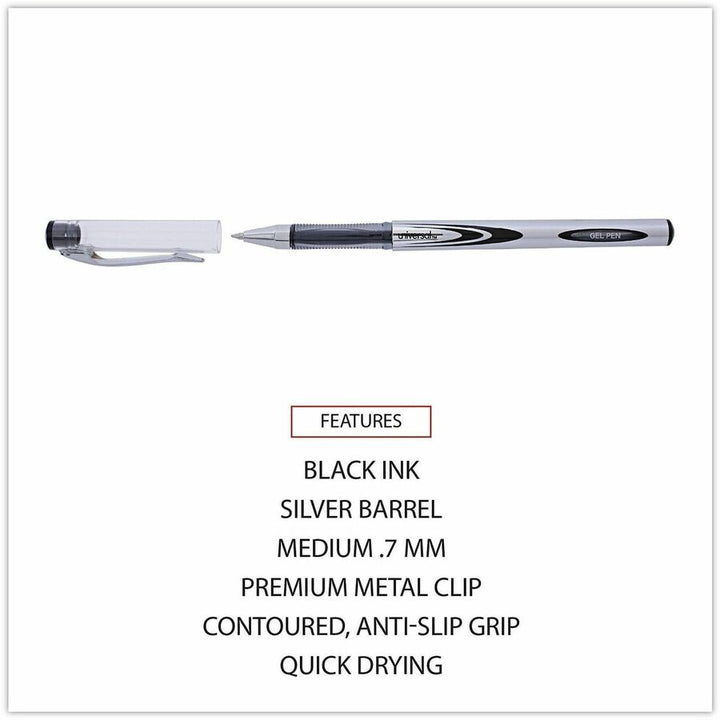 Image of Universal 39620 Gel Pen, Stick, Medium 0.7 mm, Black Ink, Silver/Black Barrel, Dozen