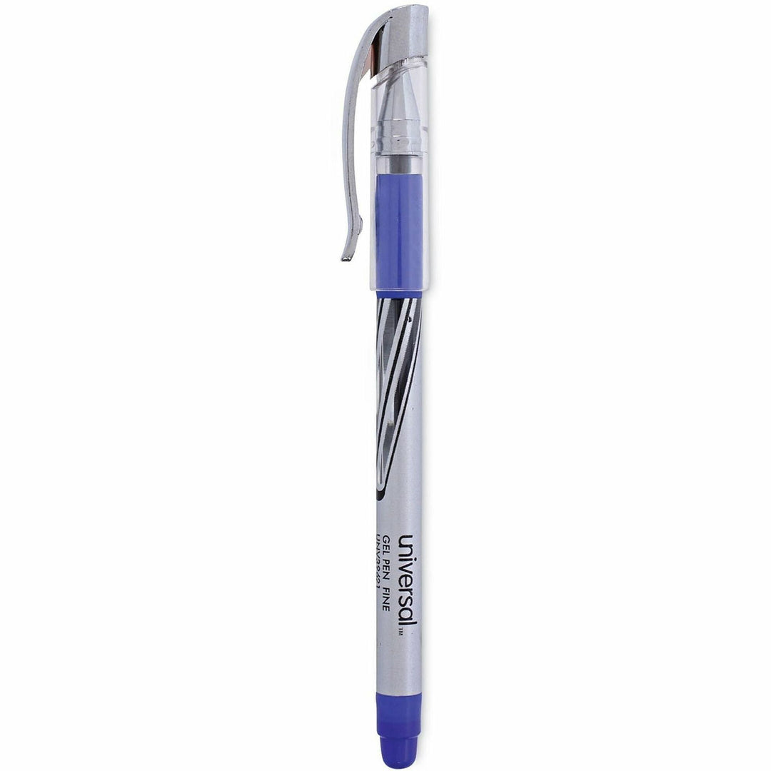 Image of Universal® Gel Pen, Stick, Medium 0.7 Mm, Blue Ink, Silver/blue Barrel, Dozen
