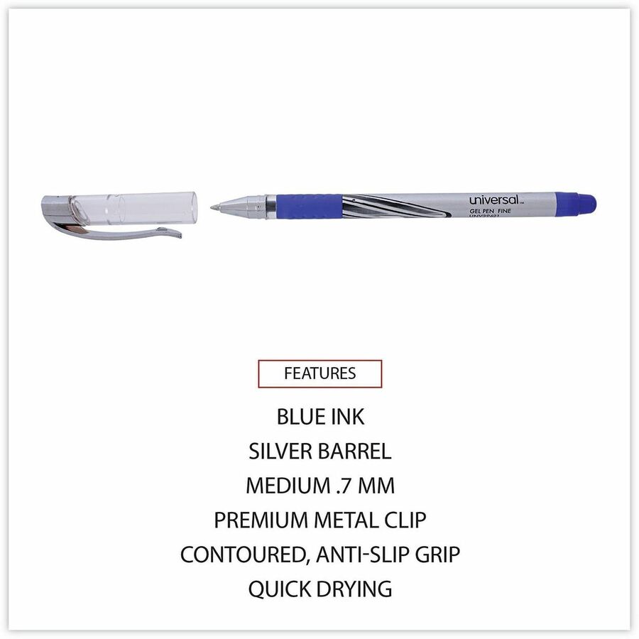 Image of Universal 39621 Gel Pen, Stick, Medium 0.7 mm, Blue Ink, Silver/Blue Barrel, Dozen