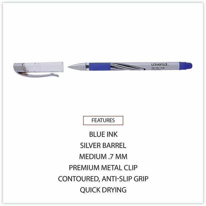 Image of Universal 39621 Gel Pen, Stick, Medium 0.7 mm, Blue Ink, Silver/Blue Barrel, Dozen