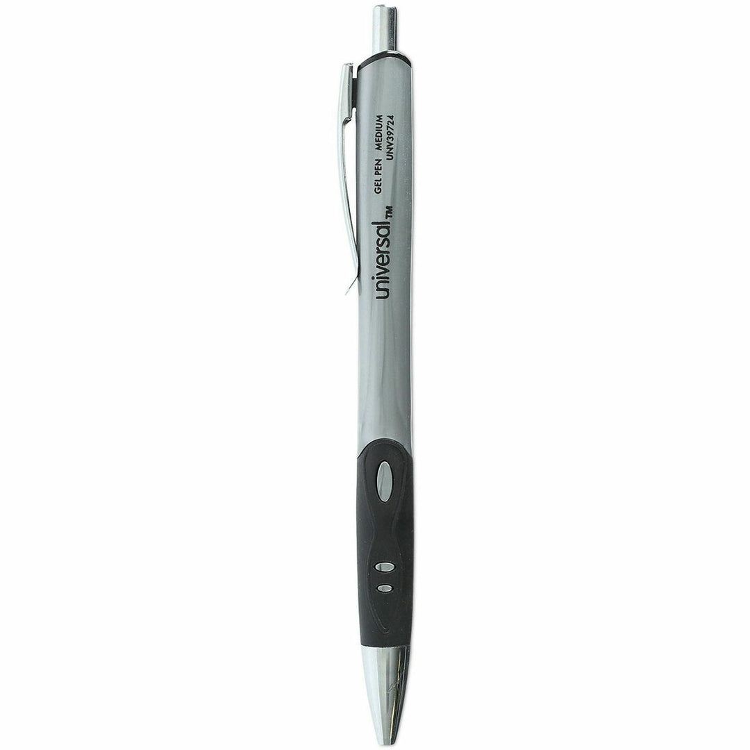 Image of Universal 39724 Comfort Grip Gel Pen, 0.7 mm Medium Conical Pen Point, Retractable, Black Ink, Water Based, Gray, Black, Silver Barrel, 36 / Pack