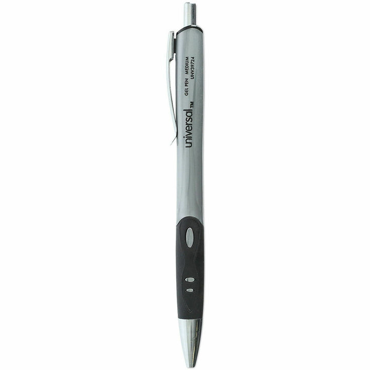 Image of Universal 39724 Comfort Grip Gel Pen, 0.7 mm Medium Conical Pen Point, Retractable, Black Ink, Water Based, Gray, Black, Silver Barrel, 36 / Pack