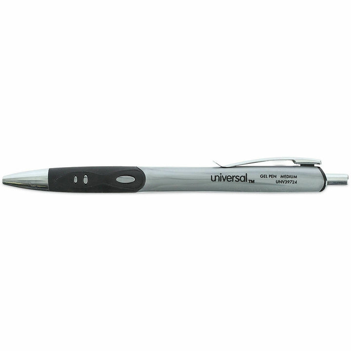 Image of Universal 39724 Comfort Grip Gel Pen, 0.7 mm Medium Conical Pen Point, Retractable, Black Ink, Water Based, Gray, Black, Silver Barrel, 36 / Pack