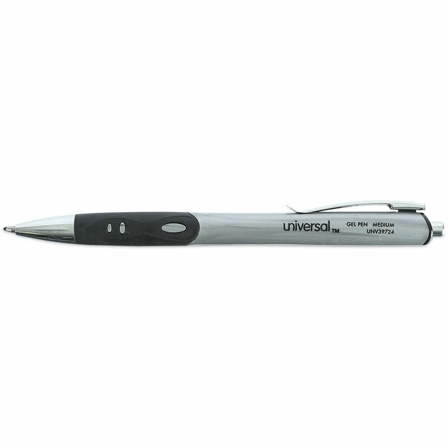 Image of Universal 39724 Comfort Grip Gel Pen, 0.7 mm Medium Conical Pen Point, Retractable, Black Ink, Water Based, Gray, Black, Silver Barrel, 36 / Pack