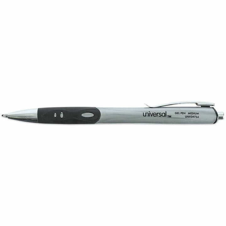 Image of Universal 39724 Comfort Grip Gel Pen, 0.7 mm Medium Conical Pen Point, Retractable, Black Ink, Water Based, Gray, Black, Silver Barrel, 36 / Pack