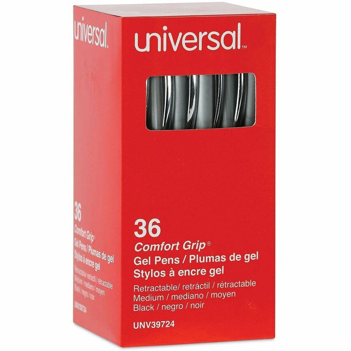 Image of Universal 39724 Comfort Grip Gel Pen, 0.7 mm Medium Conical Pen Point, Retractable, Black Ink, Water Based, Gray, Black, Silver Barrel, 36 / Pack