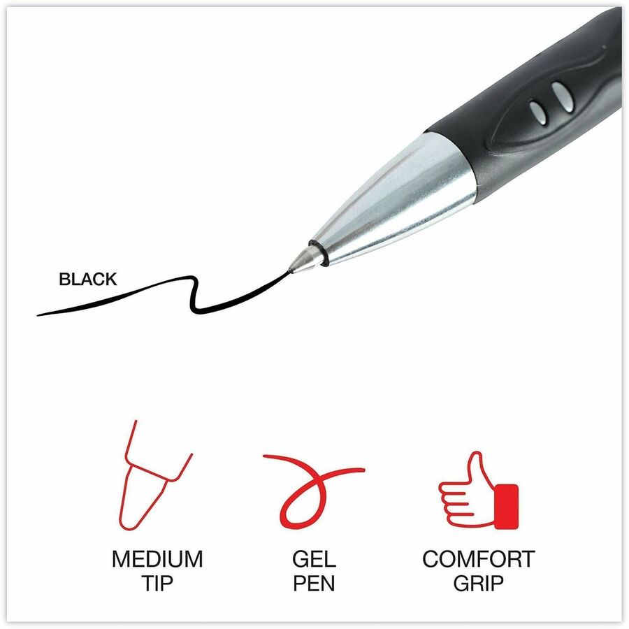 Image of Universal 39724 Comfort Grip Gel Pen, 0.7 mm Medium Conical Pen Point, Retractable, Black Ink, Water Based, Gray, Black, Silver Barrel, 36 / Pack