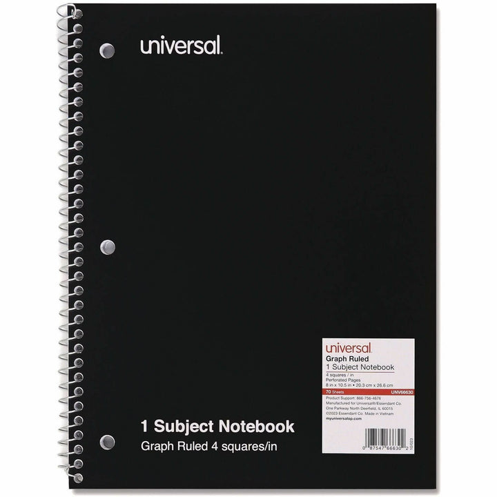 Image of Universal® Wirebound Notebook, 1-Subject, Quadrille Rule (4 sq/in), Black Cover, (70) 10.5 x 8 Sheets