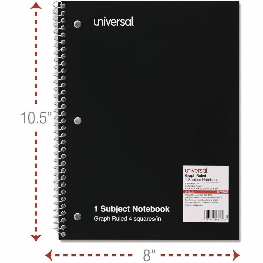Image of Universal® Wirebound Notebook, 1-Subject, Quadrille Rule (4 sq/in), Black Cover, (70) 10.5 x 8 Sheets