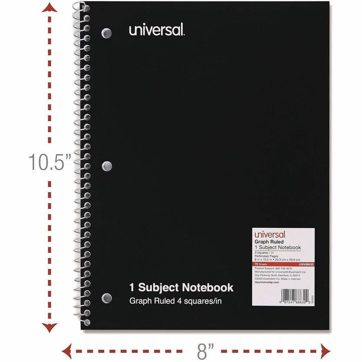 Image of Universal® Wirebound Notebook, 1-Subject, Quadrille Rule (4 sq/in), Black Cover, (70) 10.5 x 8 Sheets