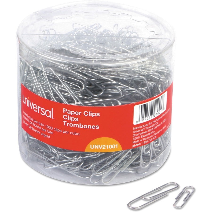 Image of Universal UNV21001 Paper Clip, Assorted Sizes, 2" L x 0.5" Width, Silver, Plastic, Steel Wire, 1000 / Pack