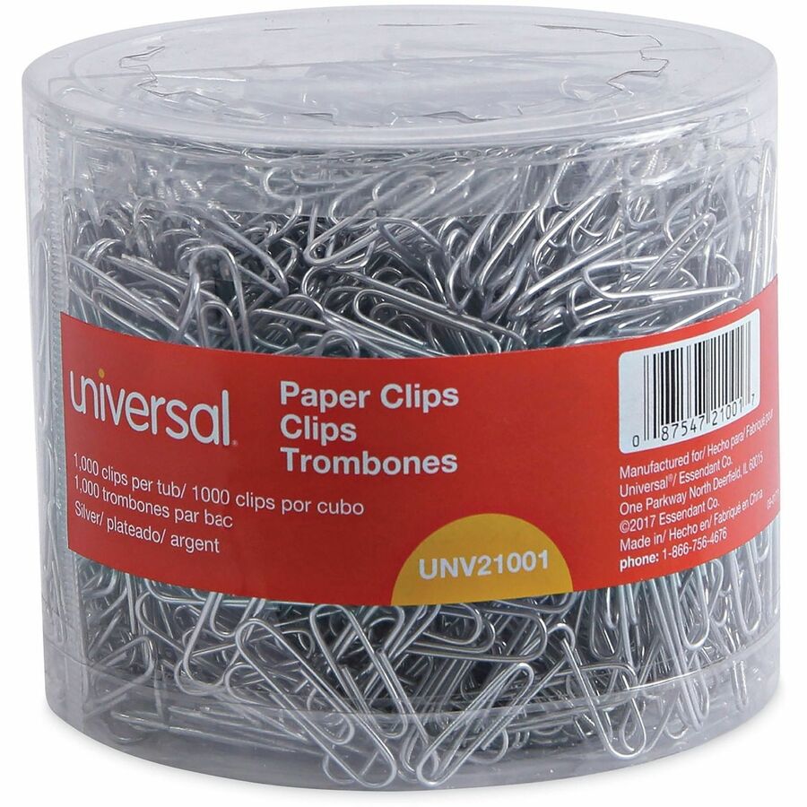 Image of Universal UNV21001 Paper Clip, Assorted Sizes, 2" L x 0.5" Width, Silver, Plastic, Steel Wire, 1000 / Pack