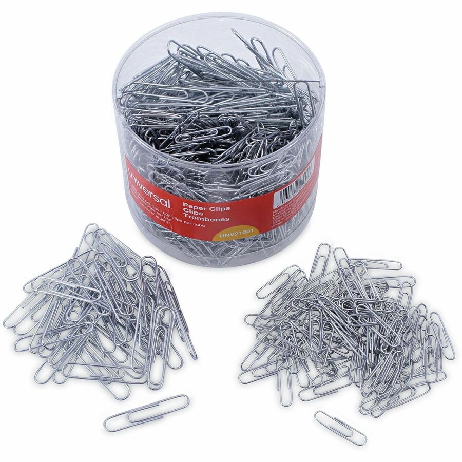 Image of Universal UNV21001 Paper Clip, Assorted Sizes, 2" L x 0.5" Width, Silver, Plastic, Steel Wire, 1000 / Pack