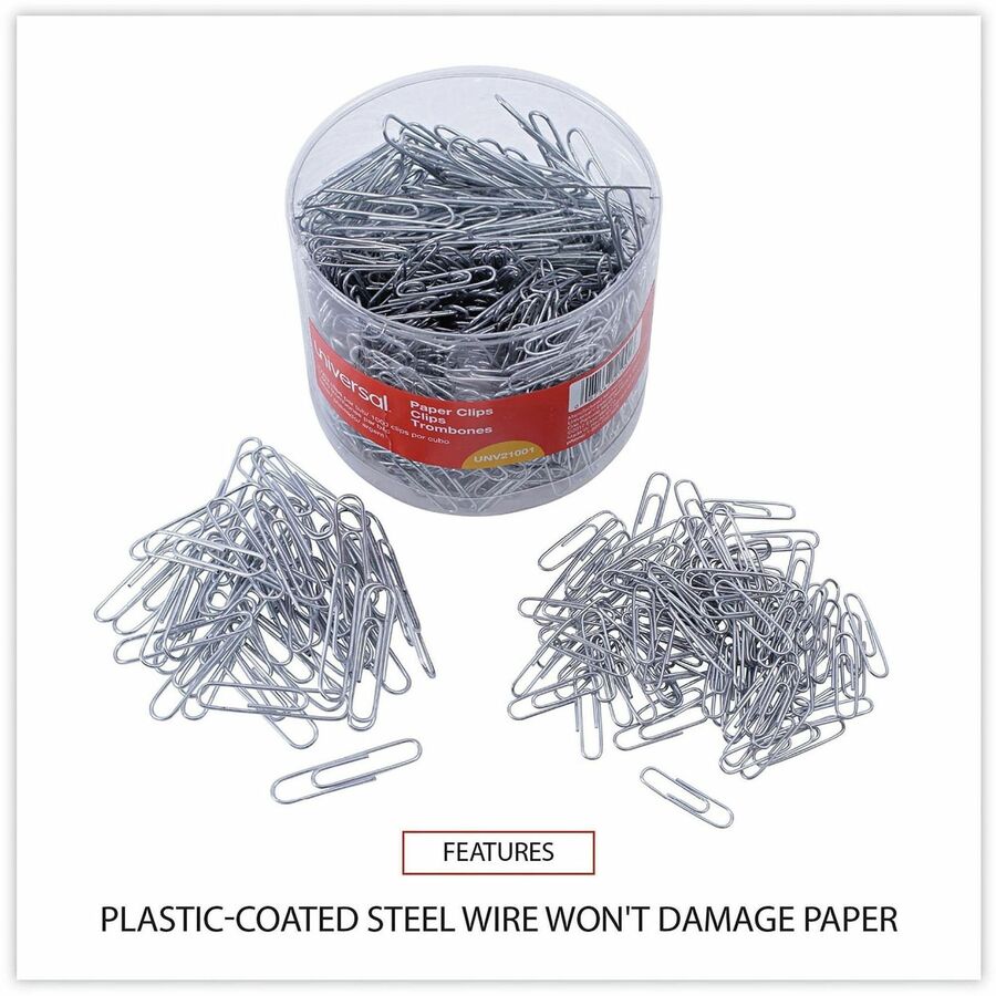 Image of Universal UNV21001 Paper Clip, Assorted Sizes, 2" L x 0.5" Width, Silver, Plastic, Steel Wire, 1000 / Pack