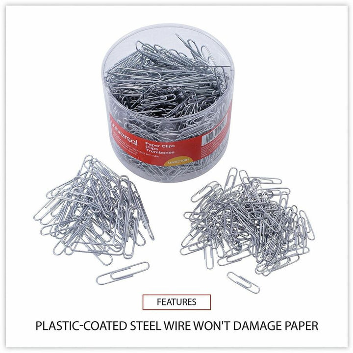 Image of Universal UNV21001 Paper Clip, Assorted Sizes, 2" L x 0.5" Width, Silver, Plastic, Steel Wire, 1000 / Pack