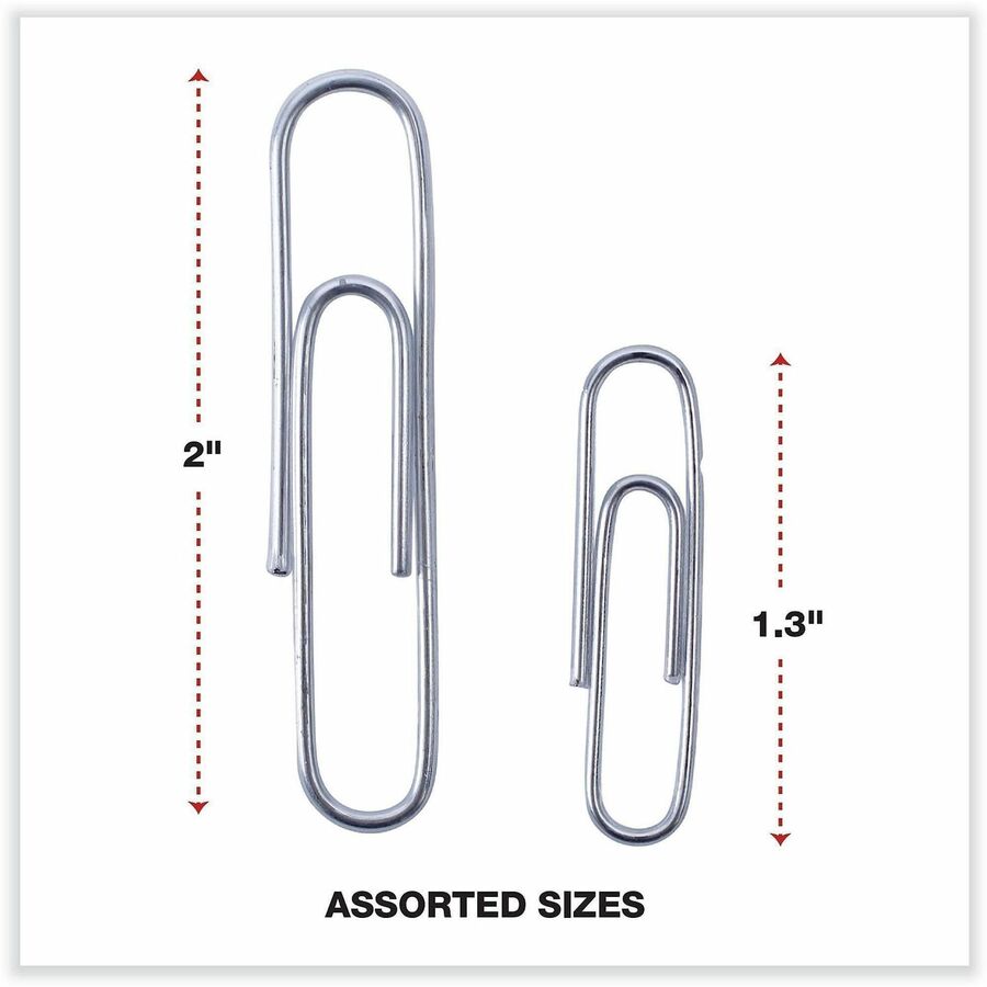 Image of Universal UNV21001 Paper Clip, Assorted Sizes, 2" L x 0.5" Width, Silver, Plastic, Steel Wire, 1000 / Pack