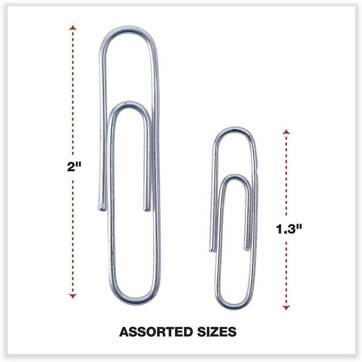 Image of Universal UNV21001 Paper Clip, Assorted Sizes, 2" L x 0.5" Width, Silver, Plastic, Steel Wire, 1000 / Pack