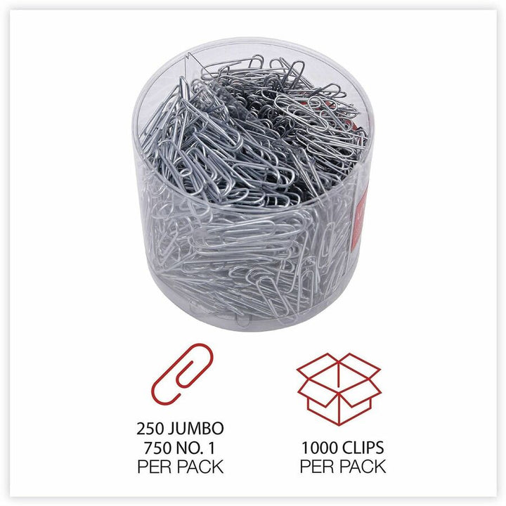 Image of Universal UNV21001 Paper Clip, Assorted Sizes, 2" L x 0.5" Width, Silver, Plastic, Steel Wire, 1000 / Pack