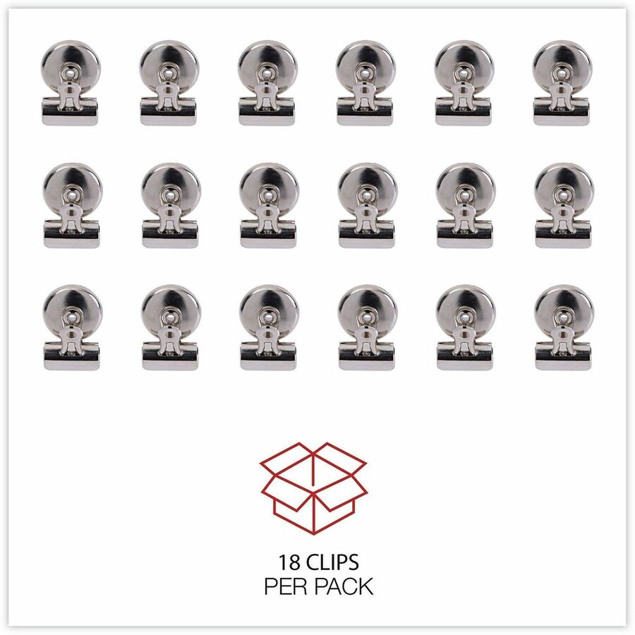 Image of Universal UNV31260 Bulldog Magnetic Clips, Small, Nickel, 18/Pack, Small, 1.2" Width, 0.25" Size Capacity, Nickel, Nickel Plated Steel, 18 / Pack