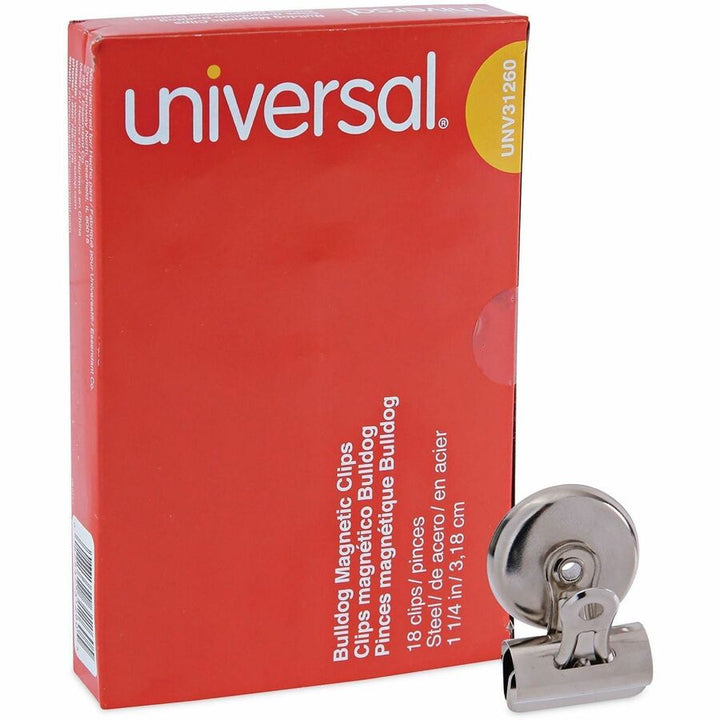 Image of Universal UNV31260 Bulldog Magnetic Clips, Small, Nickel, 18/Pack, Small, 1.2" Width, 0.25" Size Capacity, Nickel, Nickel Plated Steel, 18 / Pack