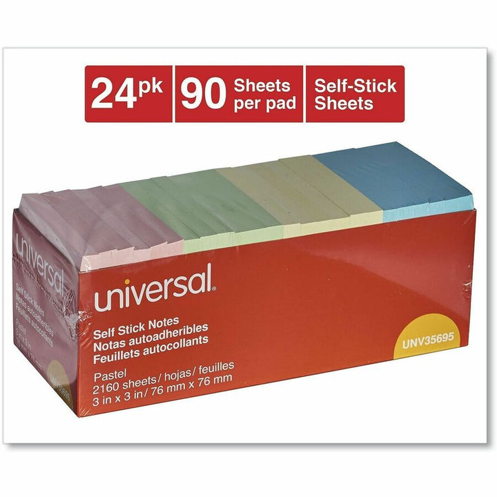 Image of Universal UNV35695 Notepad, 90 Sheets, 3" x 3" Sheet Size, Assorted Pastel Paper, Paper Cover, 24 / Pack