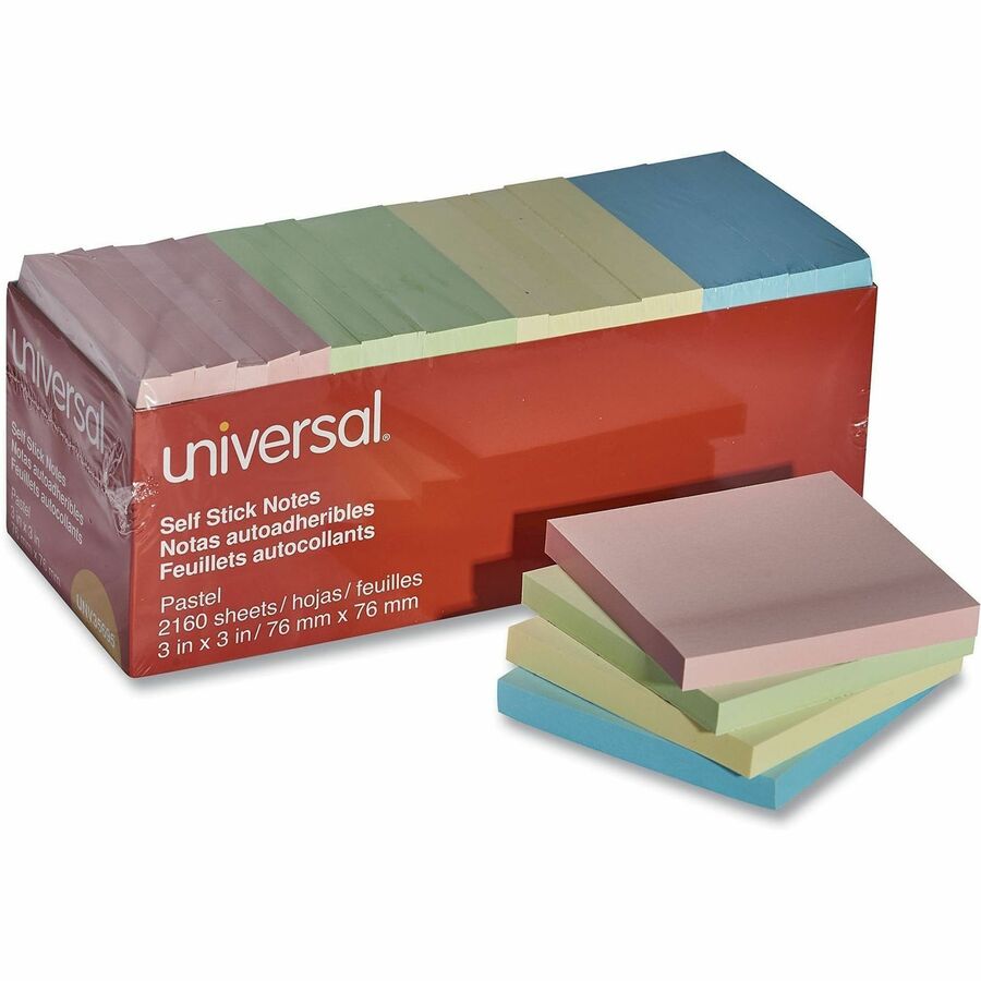 Image of Universal UNV35695 Notepad, 90 Sheets, 3" x 3" Sheet Size, Assorted Pastel Paper, Paper Cover, 24 / Pack