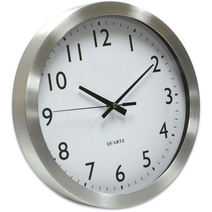 Image of Universal UNV10425 Wall Clock, Analog, Quartz, White Main Dial, Silver Case, Aluminum, Contemporary Style, Brushed Steel Finish, 1