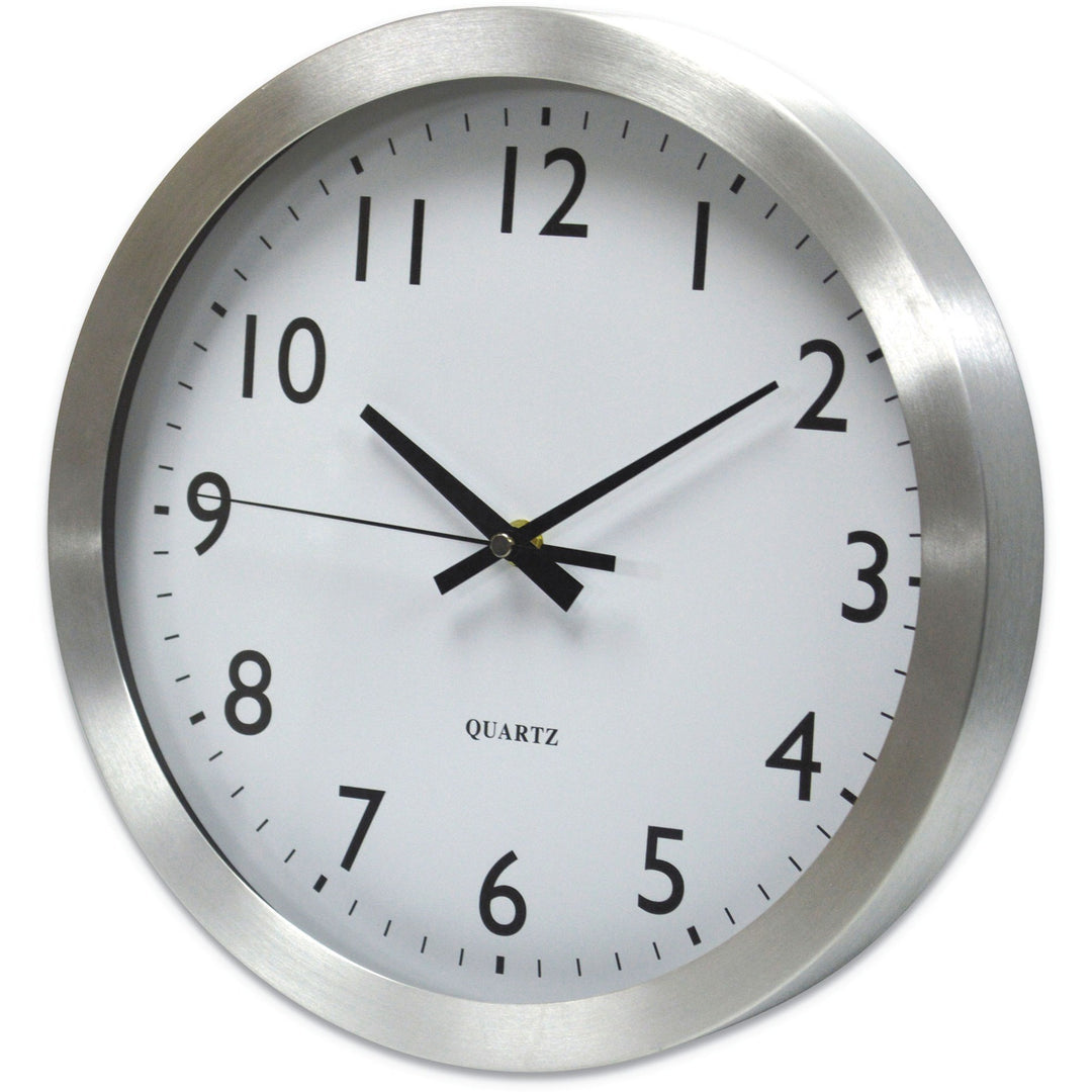 Image of Universal UNV10425 Wall Clock, Analog, Quartz, White Main Dial, Silver Case, Aluminum, Contemporary Style, Brushed Steel Finish, 1