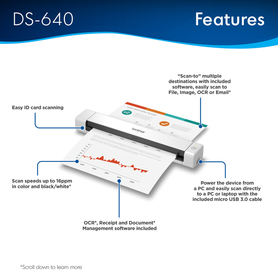 Image of Brother DSMobile DS-640 Compact Mobile Document Scanner, 24-bit Color, 8-bit Grayscale, 16 ppm (Mono), 16 ppm (Color), USB, 1 Each