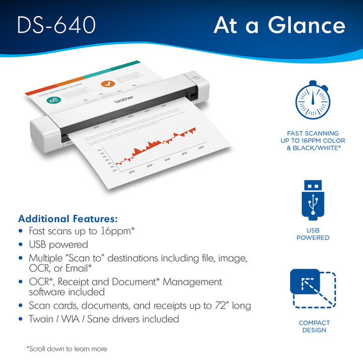 Image of Brother DSMobile DS-640 Compact Mobile Document Scanner, 24-bit Color, 8-bit Grayscale, 16 ppm (Mono), 16 ppm (Color), USB, 1 Each