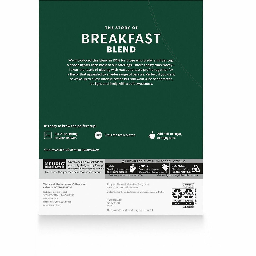 Image of Starbucks 12433992 Breakfast Blend Coffee, Medium, K-Cup, Breakfast Blend, 24 / Box
