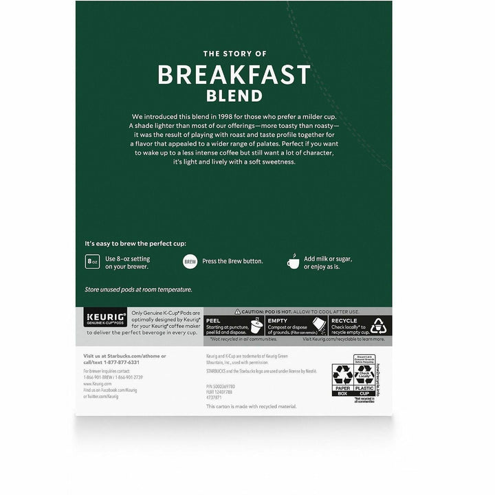 Image of Starbucks 12433992 Breakfast Blend Coffee, Medium, K-Cup, Breakfast Blend, 24 / Box