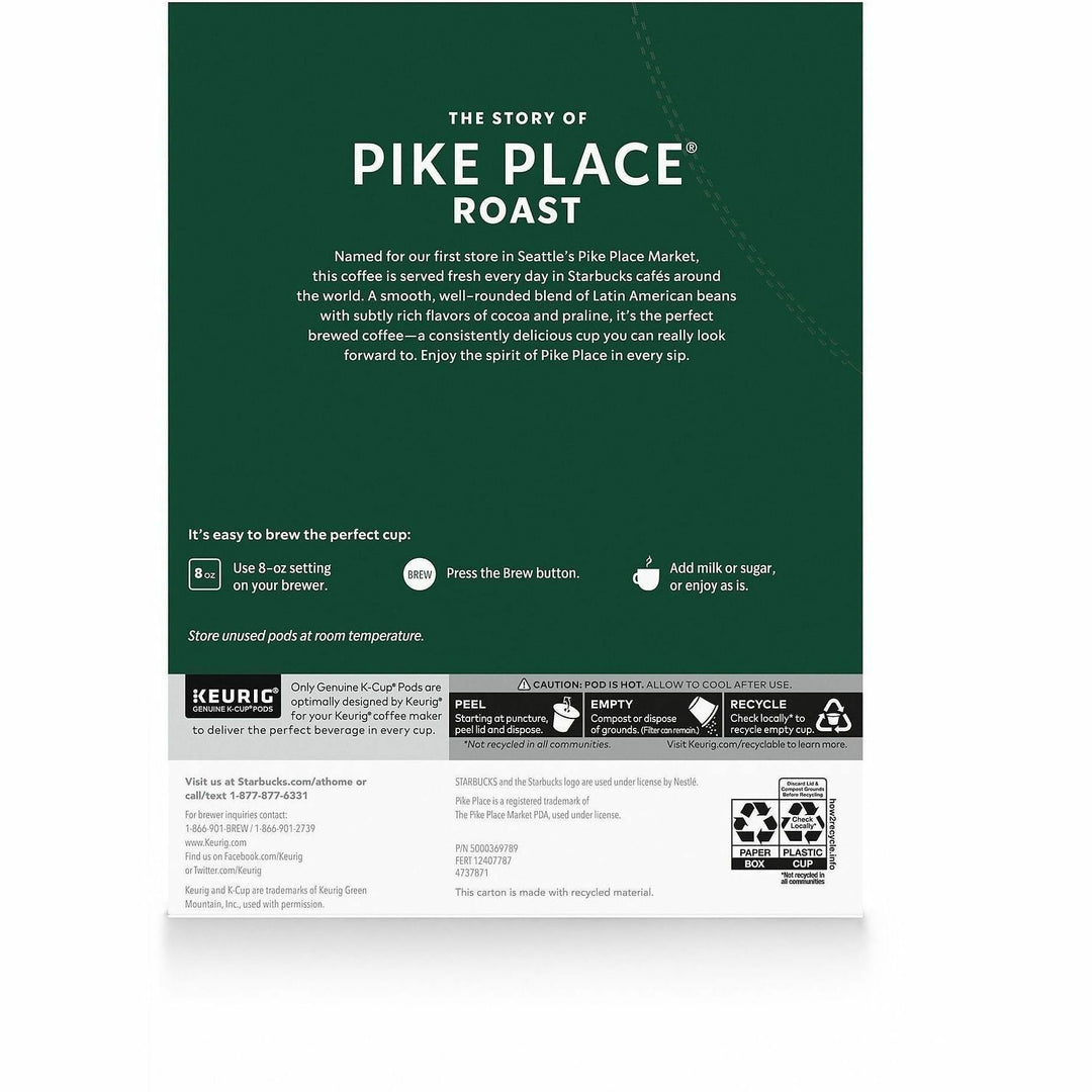 Image of Starbucks 12434812 Pike Place Roast Coffee, Medium, K-Cup, Pike Place Roast, 24 / Box