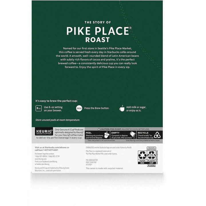 Image of Starbucks 12434812 Pike Place Roast Coffee, Medium, K-Cup, Pike Place Roast, 24 / Box