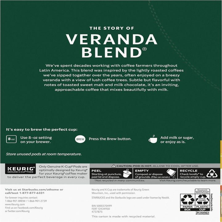 Image of Starbucks® 12434950 Veranda Blend Coffee, Compatible with Drip-coffee Brewer, Blonde, K-Cup, Veranda Blend, 24 / Box