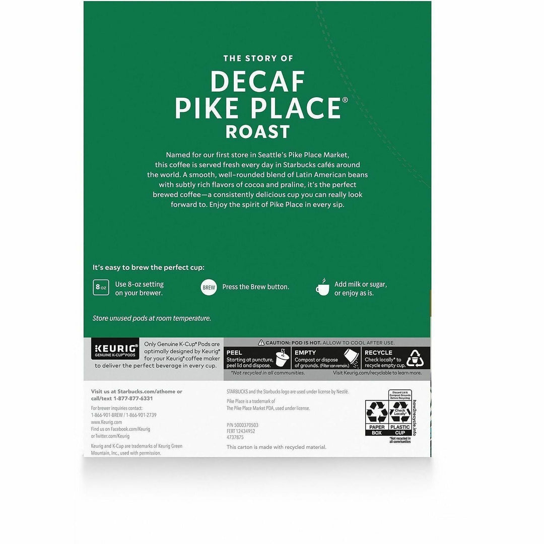Image of Starbucks 12434952 Decaf Pike Place Roast Coffee, K-Cup, Pike Place Roast, Decaffeinated, 24 / Box
