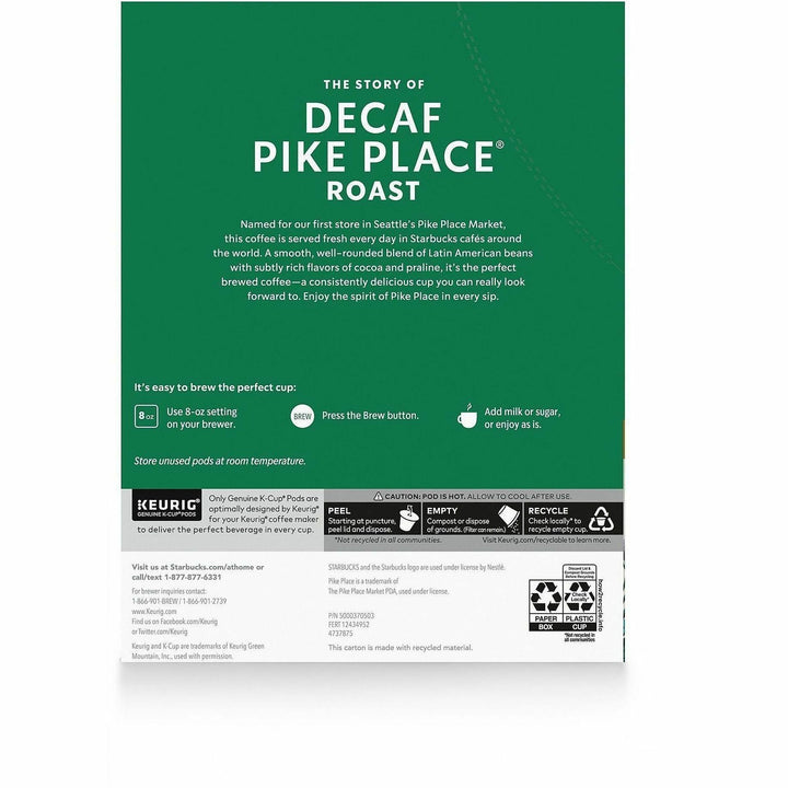 Image of Starbucks 12434952 Decaf Pike Place Roast Coffee, K-Cup, Pike Place Roast, Decaffeinated, 24 / Box