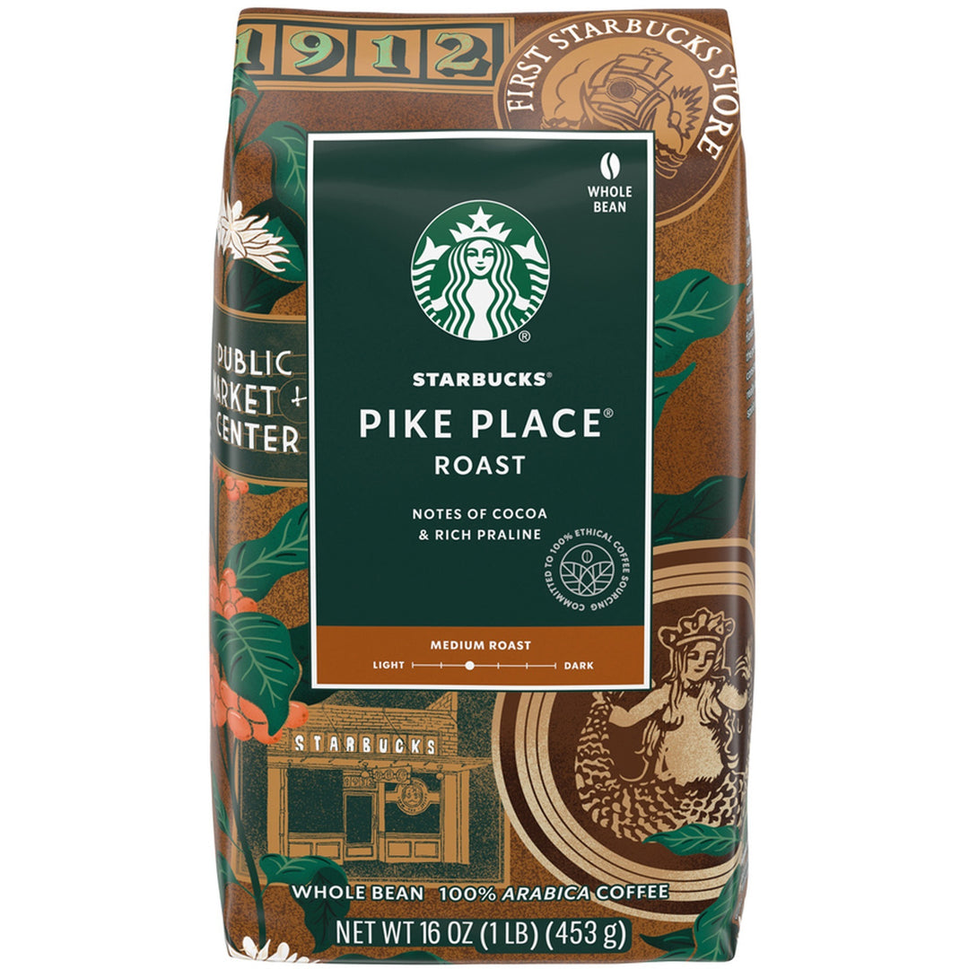 Image of Starbucks 12411946 Pike Place Roast Coffee, Medium, 16 oz, Whole Bean, Pike Place, 1 Each