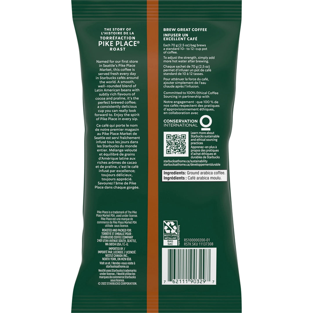 Image of Starbucks 12411960 Pike Place Medium Roast Coffee, Medium, 2.5 oz, Pike Place, 18 / Box