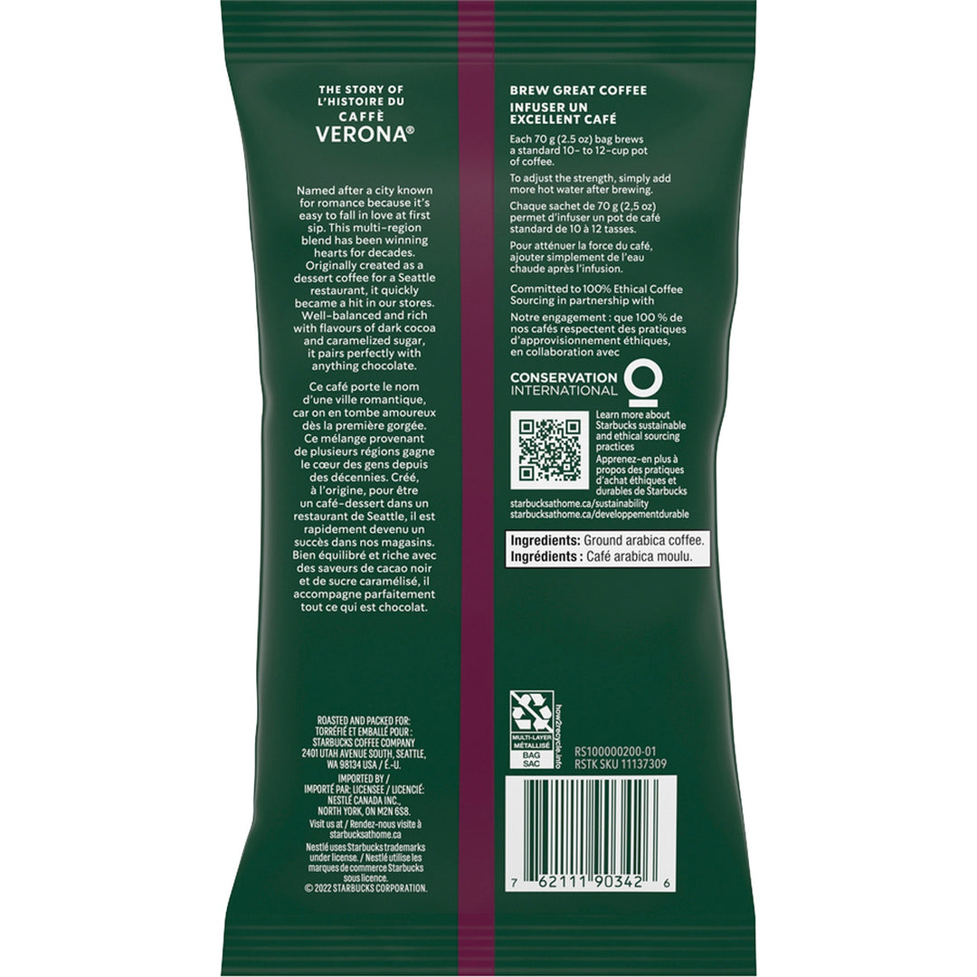 Image of Starbucks® Ground Coffee,Single Pot, 2.5 oz PK,18/BX,Dark/Caffe Verona