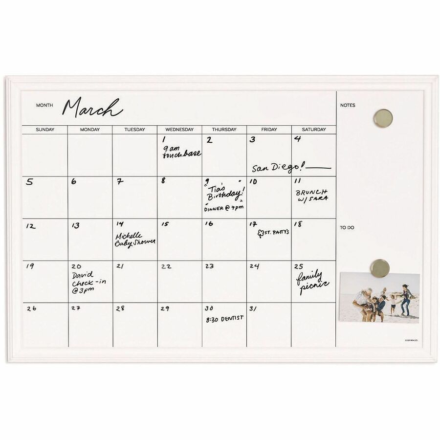 Image of U Brands Magnetic Dry Erase Calendar with Decor Frame, Monthly Planning/Scheduling, 30" x 20", White Surface, White Wood Frame
