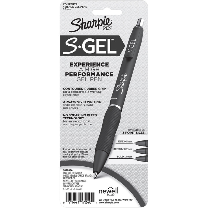 Image of Sharpie 2096155 S-Gel Pens, 1.0 mm Pen Point, Black Ink, Gel-based, Black Barrel, 4 / Pack