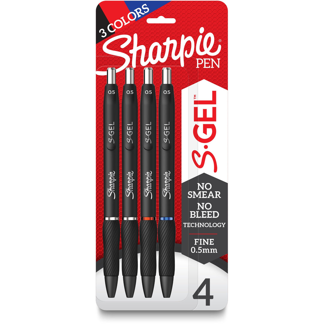 Image of Sharpie 2116199 S-Gel Pens, 0.5 mm Pen Point, Blue, Black, Red Ink, Gel-based, Black Barrel, 4 / Pack
