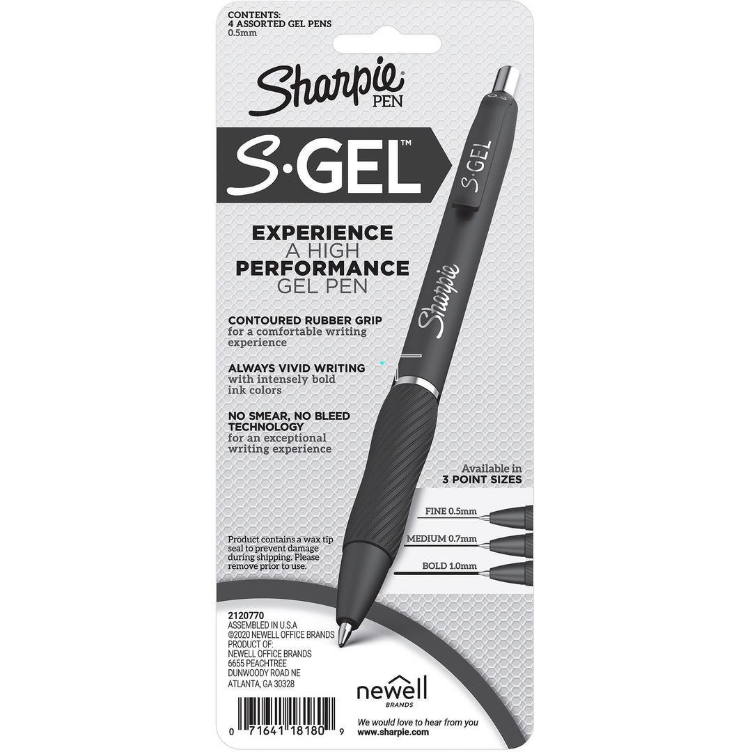 Image of Sharpie 2116199 S-Gel Pens, 0.5 mm Pen Point, Blue, Black, Red Ink, Gel-based, Black Barrel, 4 / Pack
