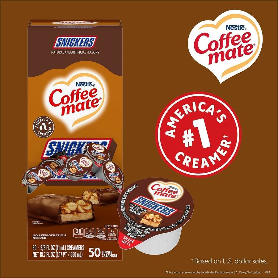 Image of Coffee mate 61425 Snickers Nondairy Liquid Creamer Singles, Snickers Flavor, 0.38 fl oz (11 mL), 50 Serving, 50 / Box